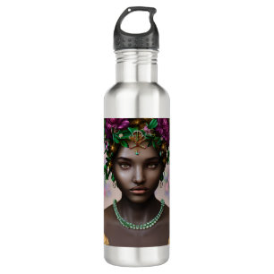 Botella De Agua Hermosa mujer afroamericana con flores