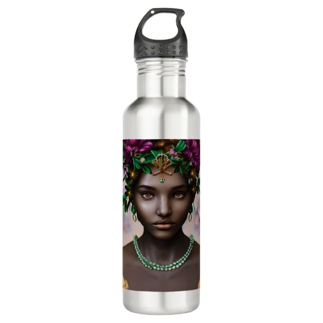 Botella De Agua Hermosa mujer afroamericana con flores (Anverso)