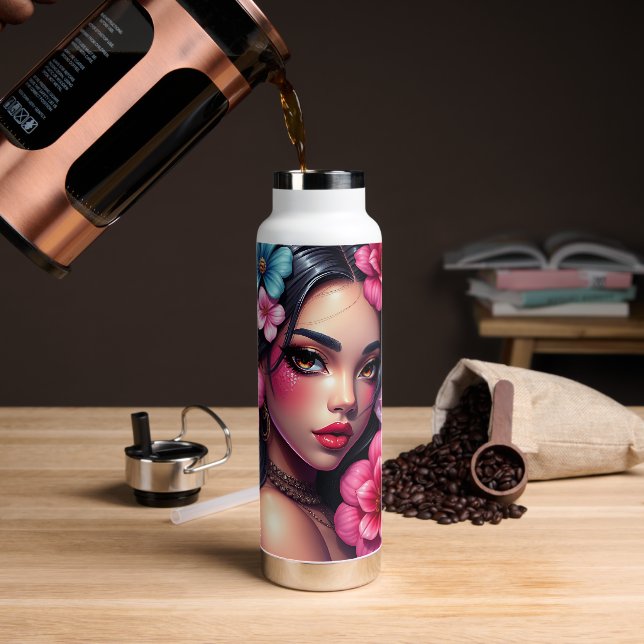 Botella De Agua Hermosa mujer animadora hispánica (Café)