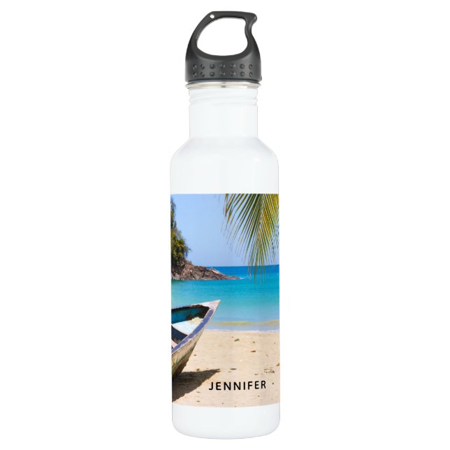 Botella De Agua Hermosa playa tropical con lancha (Anverso)