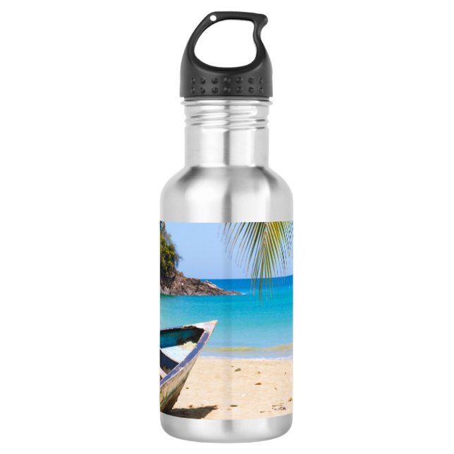 Botella De Agua Hermosa playa tropical con lancha (Anverso)