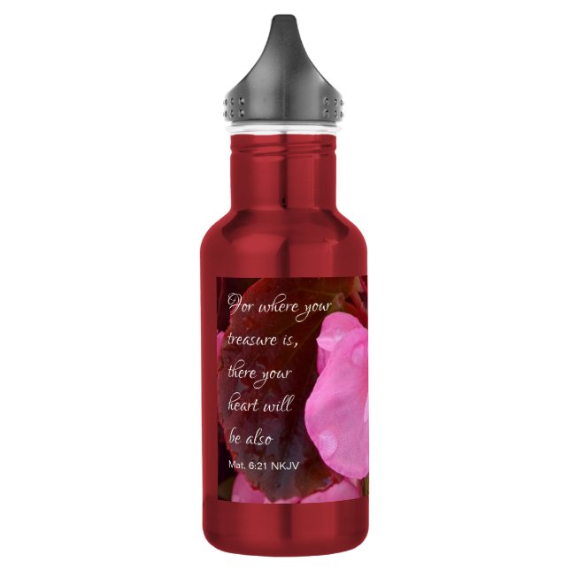 Botella De Agua Hermosas Flores Rosadas Tu Tesoro Versículo Bíblic (Izquierda)