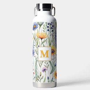 Botella De Agua Hermosas flores silvestres en acuarela con monogra