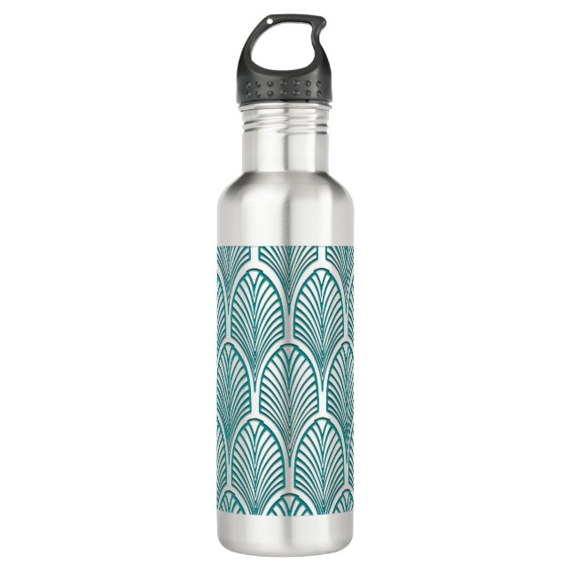 Botella De Agua Hermoso, art deco, nouveau, plantilla, verde azula (Anverso)