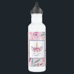 Botella De Agua Hermoso diseño de acuarela de unicornio<br><div class="desc">Hermoso diseño floral de colores vivos de Unicornio. El regalo perfecto para el chica en su vida con este hermoso ilustracion unicornio acuarela y el espacio a personalizar. Parte de una colección.</div>
