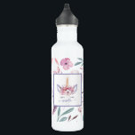 Botella De Agua Hermoso diseño de acuarela de unicornio<br><div class="desc">Hermoso diseño floral de colores vivos de Unicornio. El regalo perfecto para el chica en su vida con este hermoso ilustracion unicornio acuarela y el espacio a personalizar. Parte de una colección.</div>