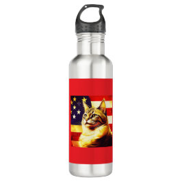 Botella De Agua Hermoso Gato Con Antecedentes De Bandera Americana