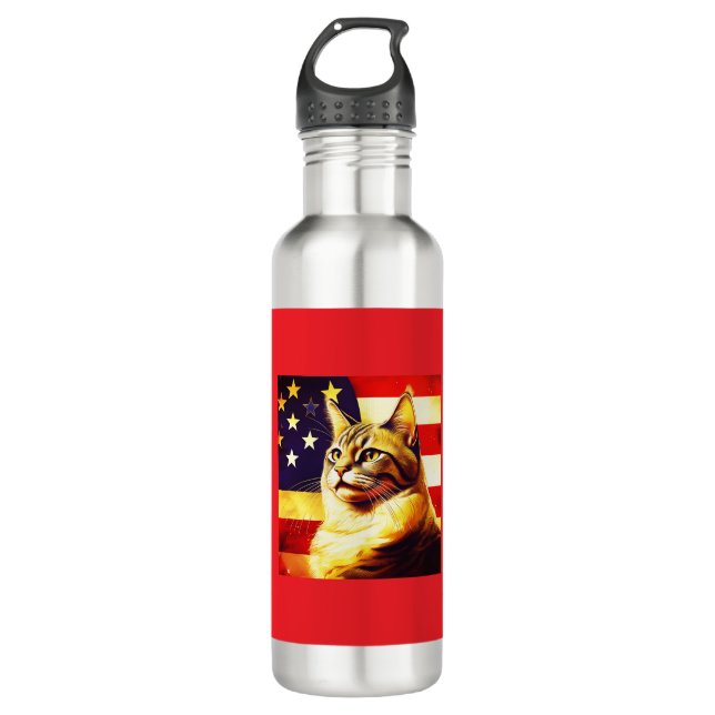 Botella De Agua Hermoso Gato Con Antecedentes De Bandera Americana (Anverso)