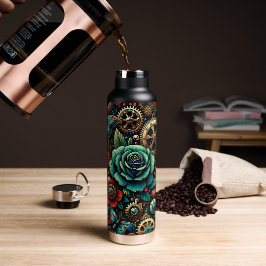 Botella De Agua Hermosos engranajes y Rosas temáticos de Steampunk