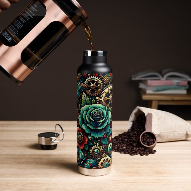 Botella De Agua Hermosos engranajes y Rosas temáticos de Steampunk (Café)