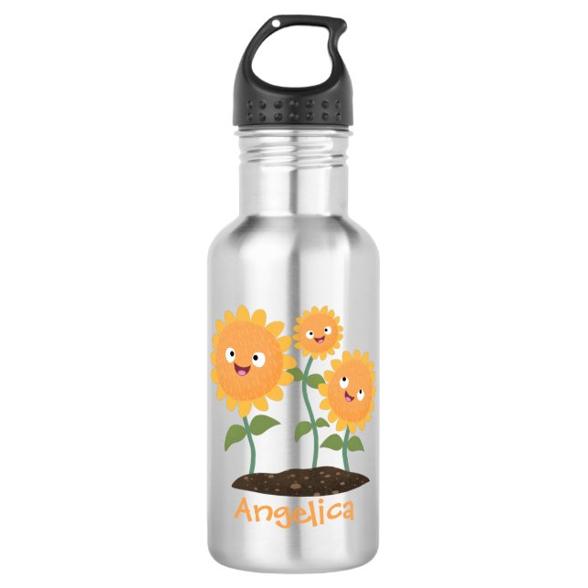 Botella De Agua Hermosos girasoles alegres sonrientes ilustracion  (Anverso)