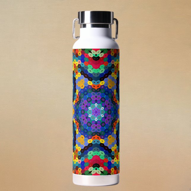 Botella De Agua Hex Mandala Blue Yellow Red and Green (Blue Yellow Red and Green Hexagon Mandala Water Bottle by Wormhole Orbital)