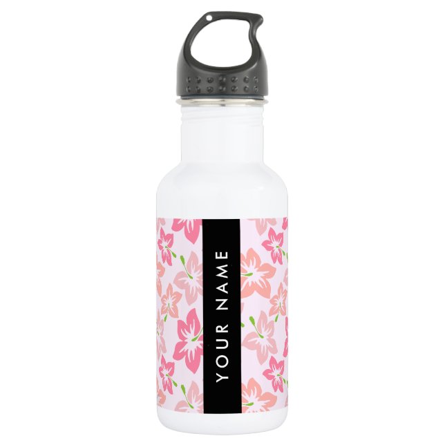 Botella De Agua Hibisco Rosa, Flores Rosadas, Tu Nombre (Anverso)