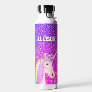 Botella De Agua Hijos Purpurinas púrpura de Unicornio personalizad