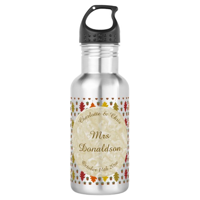 Botella De Agua Hojas de roble y maíz Personalizado Boda otoño (Anverso)