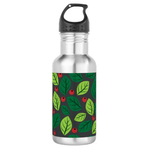 Botella De Agua Hojas Verdes, Bayas Rojas, Patrón De Hojas