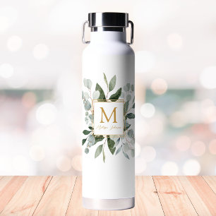 Botella De Agua Hojas Verdes Tropicales Acuarela Monograma