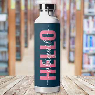 Botella De Agua Hola Su Nombre Calligrafía Azul Rosa