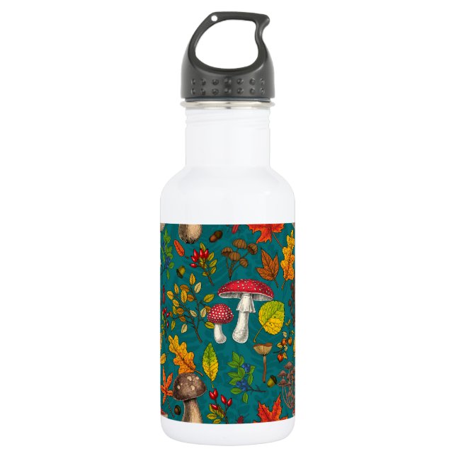 Botella De Agua Hongos, hojas, nueces y bayas otoñales en azul (Anverso)