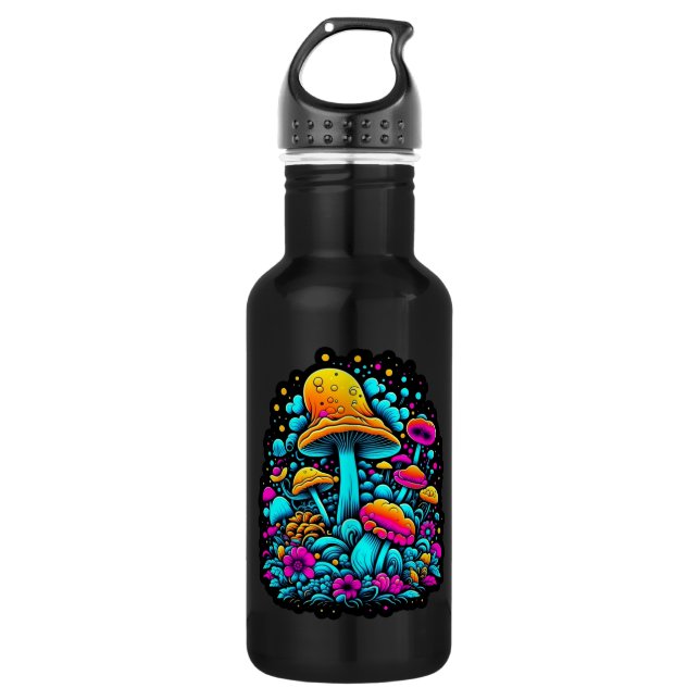 Botella De Agua Hongos y flores retro neón (Anverso)