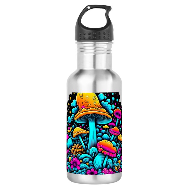 Botella De Agua Hongos y flores retro neón (Anverso)