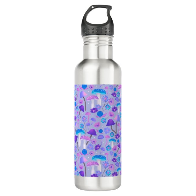 Botella De Agua Honorables hongos y flores turquesa morado de los  (Anverso)