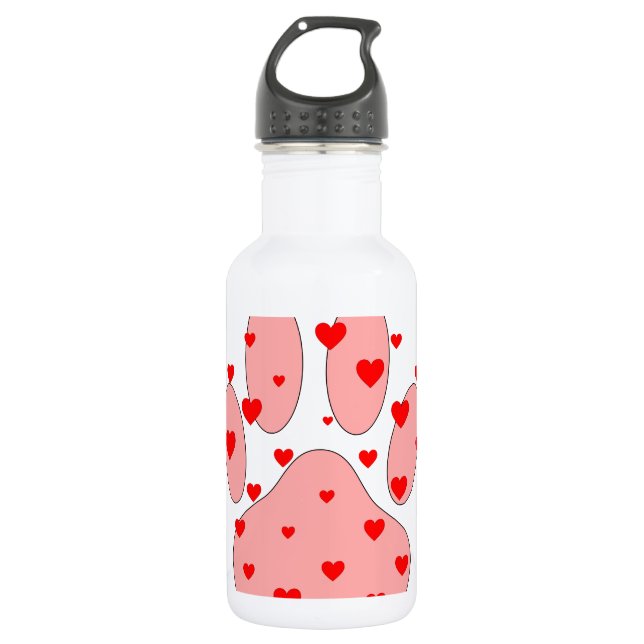 Botella De Agua Huella de pata rosa con corazones (Anverso)