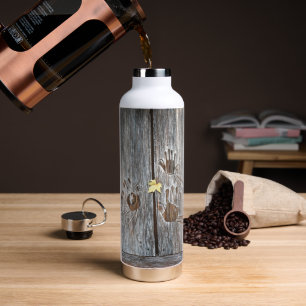 Botella De Agua Huellas de aves en tablas de madera con hojas de o