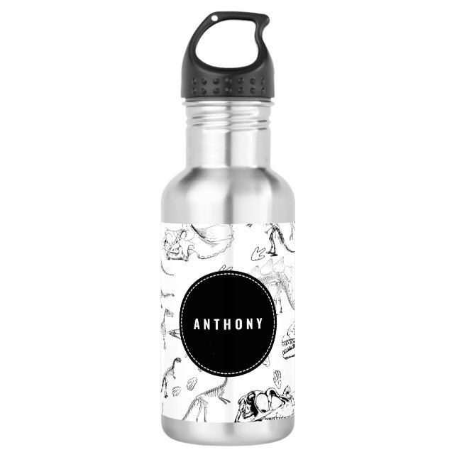 Botella De Agua Huesos fósiles de dinosaurios nombre personalizado (Anverso)