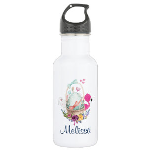 Botella De Agua Huevo dulce, flamencos rosados y conejito, acuarel