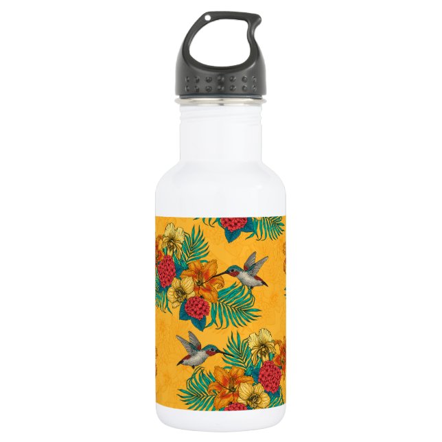 Botella De Agua Hummingbirds y el ramo tropical amarillo (Anverso)