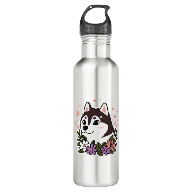 Botella De Agua Husky Flowers Dog Lover Malamute (Anverso)