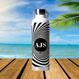 Botella De Agua Ilusión Óptica Vórtice Monograma Negro & Blanco
