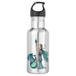 Botella De Agua Ilustración de fantasía de hada dragón aguamarina