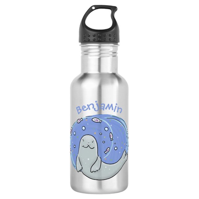 Botella De Agua Ilustracion de foca feliz y personalizado azul de  (Anverso)