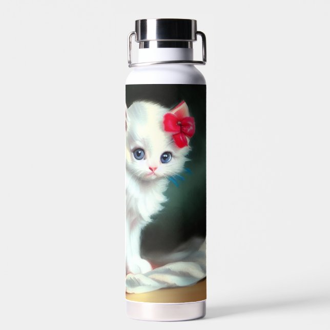 Botella De Agua Ilustracion de gatito blanco con flores rojas (Atrás)