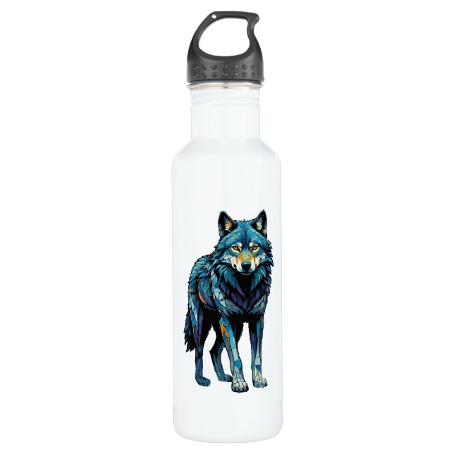 Botella De Agua Ilustracion mosaico colorido del lobo majestuoso (Anverso)