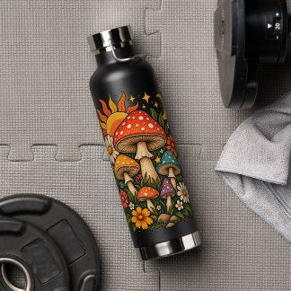 Botella De Agua Ilustración Retro Hippie de Hongos y Flores Silves
