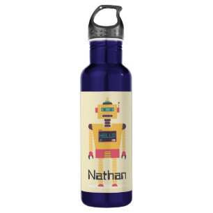 Botella De Agua Ilustracion Retro Robot Personalizado Niños