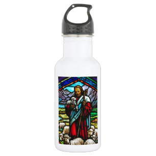 Botella De Agua Imagen de vidrio manchado de Jesús y corderos