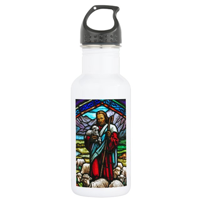 Botella De Agua Imagen de vidrio manchado de Jesús y corderos (Anverso)