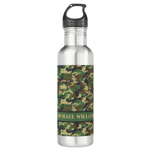 Botella De Agua Impresión de camo militar de Woodland - Personaliz (Anverso)