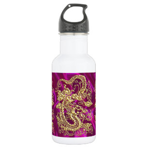 Botella De Agua Impresión de satén magenta de dragón de oro Grabad