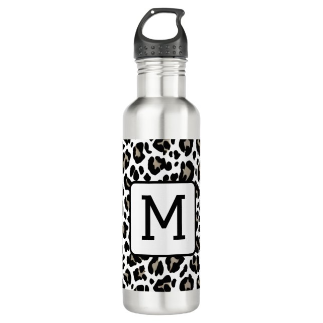 Botella De Agua Impresión monogramada de leopardo negro y blanco (Anverso)