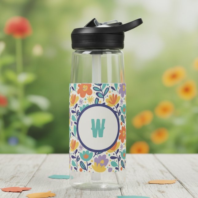 Botella De Agua Inicial Floral Retro – Regalo de Monograma para El (Funhaus floral initial water bottle)