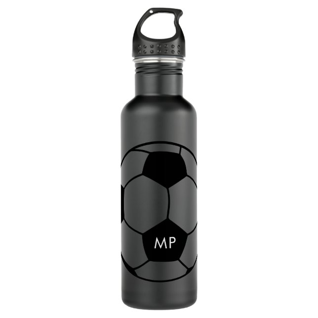 Botella De Agua Iniciales personalizadas Soccer Black White (Anverso)