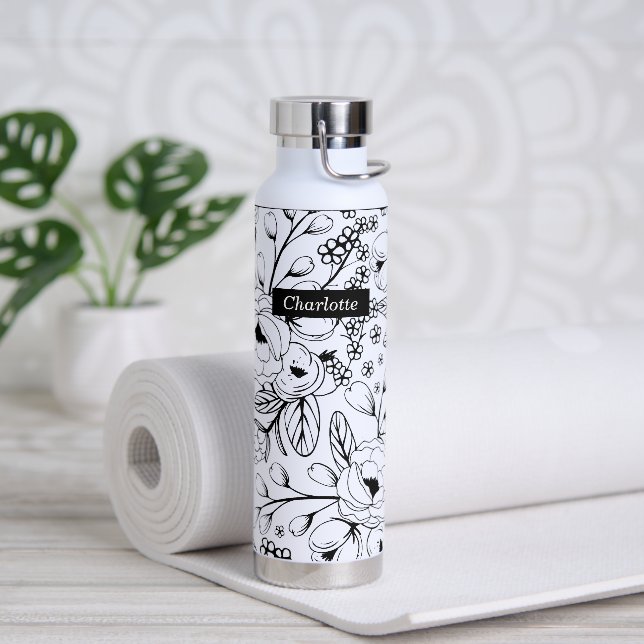 Botella De Agua Insulato de vacío floral blanco y negro monogramad (Yoga)