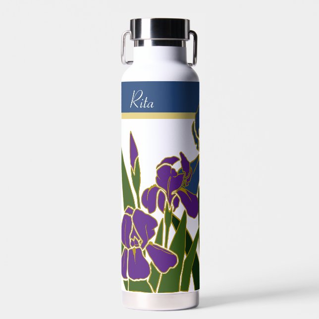 Botella De Agua Iris azul y púrpura con nombre (Delantero)