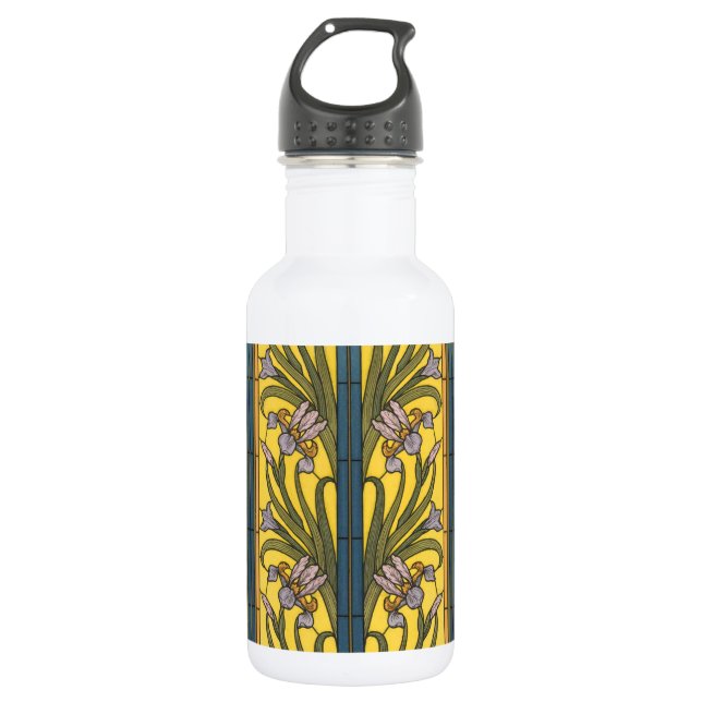 Botella De Agua Iris Flor Art Nouveau Vidrio Manchado Oro Azul (Anverso)
