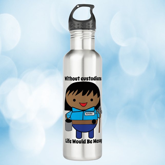 Botella De Agua Janitor Black Female Kawaii (A water bottle with a black woman janitor and the text, "Without custodians life would be messy")